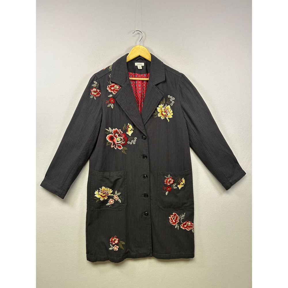 Cottagecore Sundance Womens Small Gray Floral Embroidered Pinstripe Duster Coat